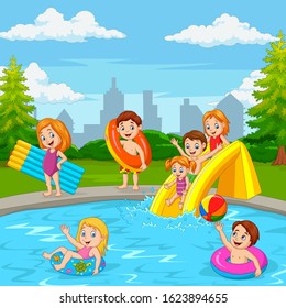 Cartoon happy family playing in swimming pool