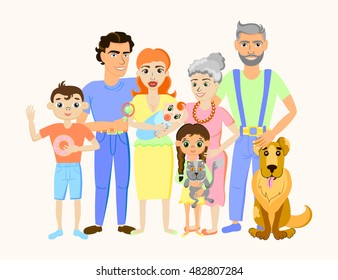 Cartoon happy family portrait with cat and dog. Vector illustration.