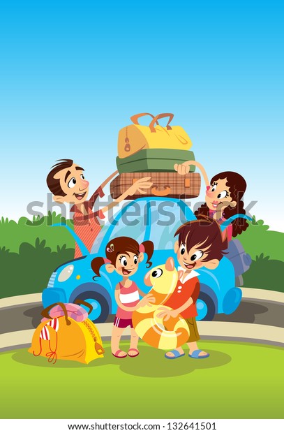 Cartoon happy family\
preparing for\
vacations