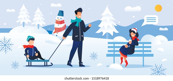 Cartoon Happy Family Rest in Snowy Forest or Park Together. Winter Holidays. Smiling Father Carrying Son on Sled and Talking with Mother Sitting on Bench. Flat Snowy Weather. Vector Illustration