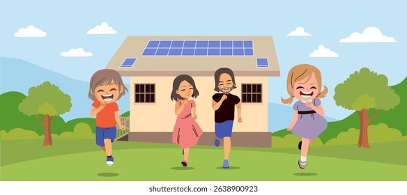 Cartoon of a happy family running in front of an ecological house with solar panels. Concept for sustainability and green energy living