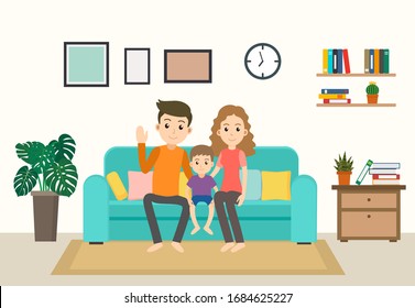 Cartoon happy family stay home on sofa in the living room - Vector illustration