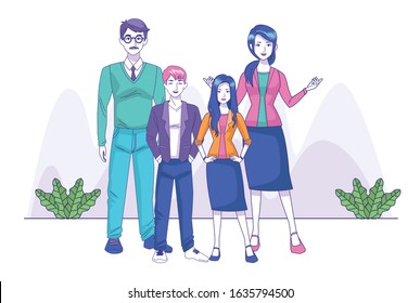 cartoon happy family with teenager girl and boy standing over white background, colorful design