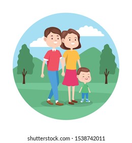 cartoon happy family with their son walking in the park, colorful design , vector illustration