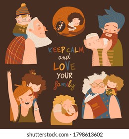 Cartoon happy family vector set. Parents grandparents children together