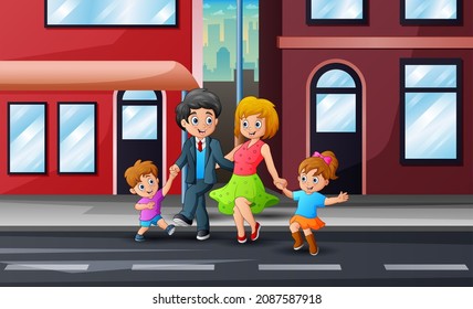 Cartoon Happy Family Walking Across The Street