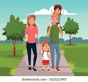 Cartoon Happy family walking with little girls over landscape background, colorful design, vector illustration