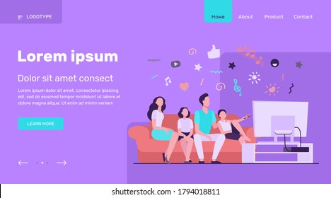 Cartoon happy family watching television together isolated flat vector illustration. Mother, father and kids relaxing on couch at home. Technology, lifestyle and entertainment concept