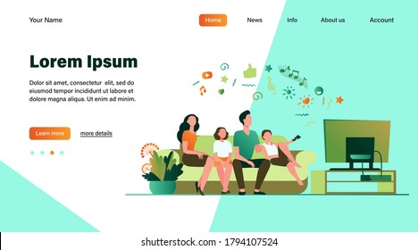 Cartoon happy family watching television together isolated flat vector illustration. Mother, father and kids relaxing on couch at home. Technology, lifestyle and entertainment concept