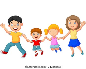 Cartoon happy family waving hands