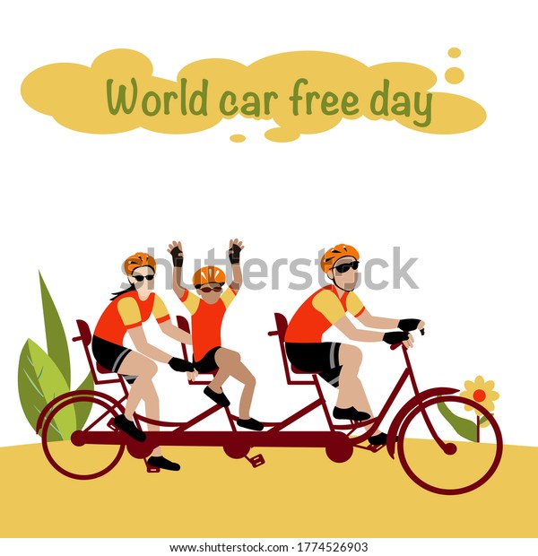 Cartoon happy family,young father, young mother and cute\
boy ear wearing sportswear ridding tricycle in beautiful\
park,vector flat isolate design concept for World car free day or\
health day 