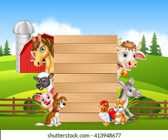 Cartoon happy farm animals holding wooden sign