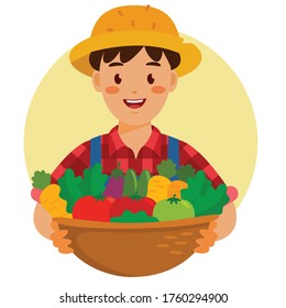 Cartoon of Happy Farmer Boy Holding Basket Full of Vegetables - Vector Isolated Illustration