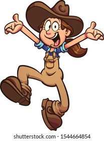 Cartoon happy farmer girl jumping up clip art. Vector illustration with simple gradients. All in a single layer. 
