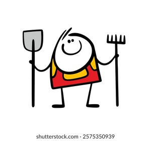 Cartoon happy farmer in a red jumpsuit holds a shovel and a rake. Vector illustration of a stickman in a uniform working on  farm, planting a vegetable garden. Isolated caricature on white background.