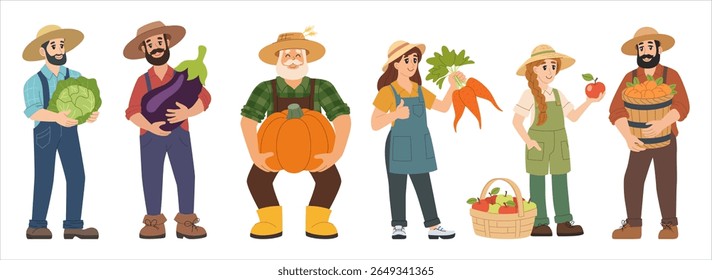 Cartoon happy farmers set. Flat people holding fresh vegetables and fruits, characters in harvest season clothes with pumpkins, carrots, apples, cabbage, eggplant, and baskets. Isolated on white.