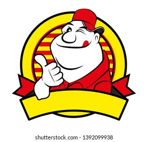 Cartoon Happy fat man with big thumb up with empty signage. Vector mascot character logo illustration