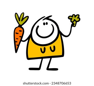 Cartoon happy fat woman loses weight on a diet and holds healthy vegetables from the garden in her hands. Vector illustration of carrot and broccoli harvest. Isolated person on white background.