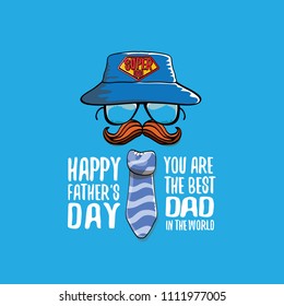 cartoon happy fathers day greeting card with cartoon color tie, mustache, sunglasses, cap and greeting text. fathers day vector label or icon on blue background. You are the best dad in the world