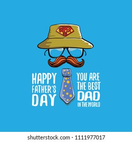 cartoon happy fathers day greeting card with cartoon color tie, mustache, sunglasses, cap and greeting text. fathers day vector label or icon on blue background. You are the best dad in the world
