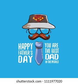 cartoon happy fathers day greeting card with cartoon color tie, mustache, sunglasses, cap and greeting text. fathers day vector label or icon on blue background. You are the best dad in the world