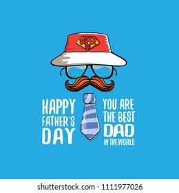 cartoon happy fathers day greeting card with cartoon color tie, mustache, sunglasses, cap and greeting text. fathers day vector label or icon on blue background. You are the best dad in the world