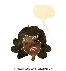 cartoon happy female face with speech bubble