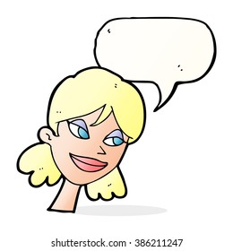 cartoon happy female face with speech bubble