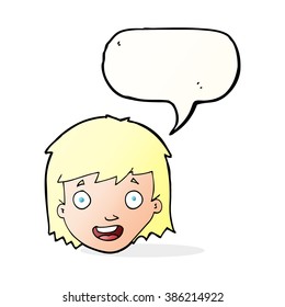 cartoon happy female face with speech bubble
