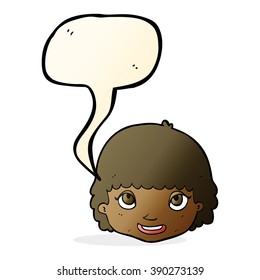 desenho animado rosto feminino feliz com balão de fala