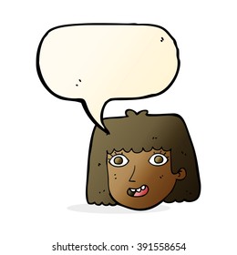cartoon happy female face with speech bubble