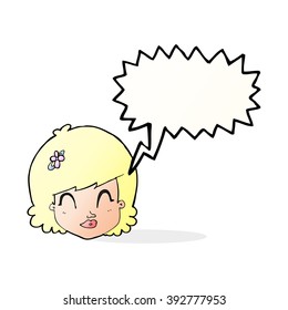 cartoon happy female face with speech bubble