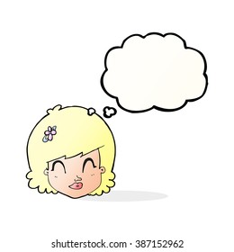 cartoon happy female face with thought bubble