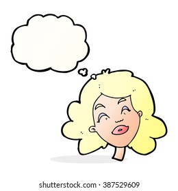 cartoon happy female face with thought bubble