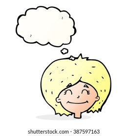 cartoon happy female face with thought bubble