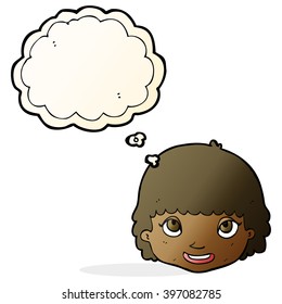 cartoon happy female face with thought bubble