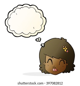 cartoon happy female face with thought bubble