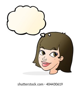 cartoon happy female face with thought bubble
