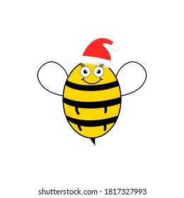 Cartoon happy festive bee mascot character illustration. Cute bee with Santa hat vector isolated on white. Merry Christmas concept.
