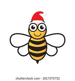 Cartoon happy festive bee mascot character illustration. Cute bee with Santa hat vector isolated on white. Merry Christmas concept.