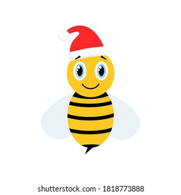 Cartoon happy festive bee mascot character illustration. Cute bee with Santa hat vector isolated on white. Merry Christmas concept.
