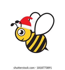 Cartoon happy festive bee mascot character illustration. Cute bee with Santa hat vector isolated on white. Merry Christmas concept.