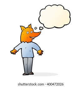 cartoon happy fox man with thought bubble