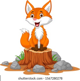 Cartoon happy fox sitting on tree stump