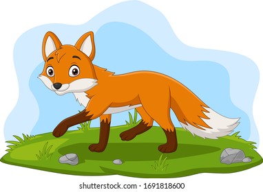 Cartoon happy fox walking in the grass
