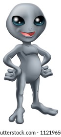 Cartoon happy friendly grey alien mascot standing with his hands on his hips