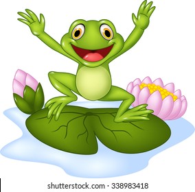 Cartoon Happy Frog Jumping On A Water Lily