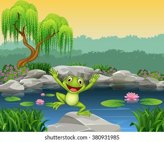 Cartoon happy frog jumping on the rock