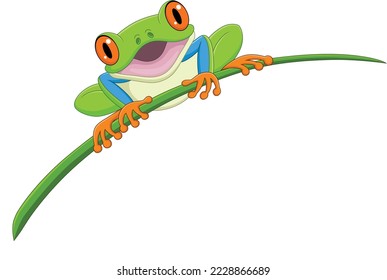 Cartoon happy frog on leaf