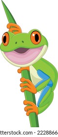 Cartoon happy frog on leaf